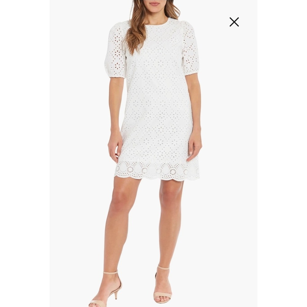LONDON TIMES NWT Shift Dress White Eyelet Lace Balloon S/S Scalloped Hem Size 6